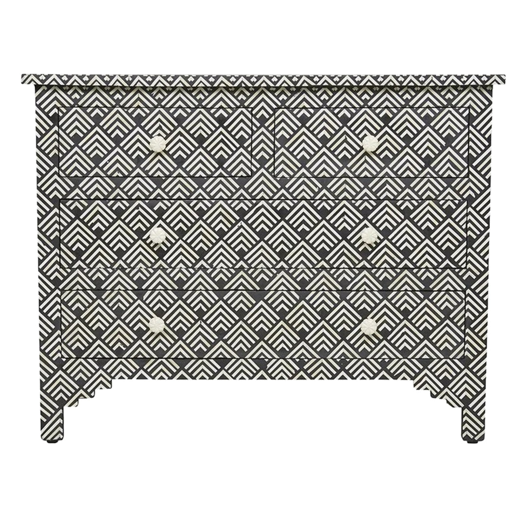 Bone Inlay Chest Of 4 Drawers , Optical Pattern In Black