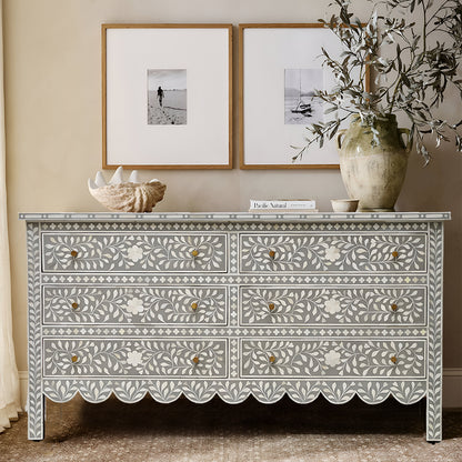 Beautiful Bone Inlay  Floral pattren Chest Of 6 Drawers In Grey