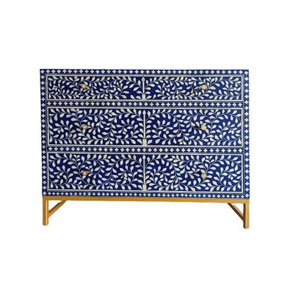 Bone Inlay Chest Of 3 Drawers , Floral Pattern in Indigo