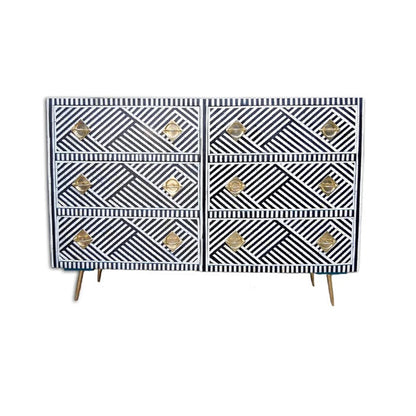 Bone Inlay Chest Of 6 Drawers, Geometric Pattern In Black