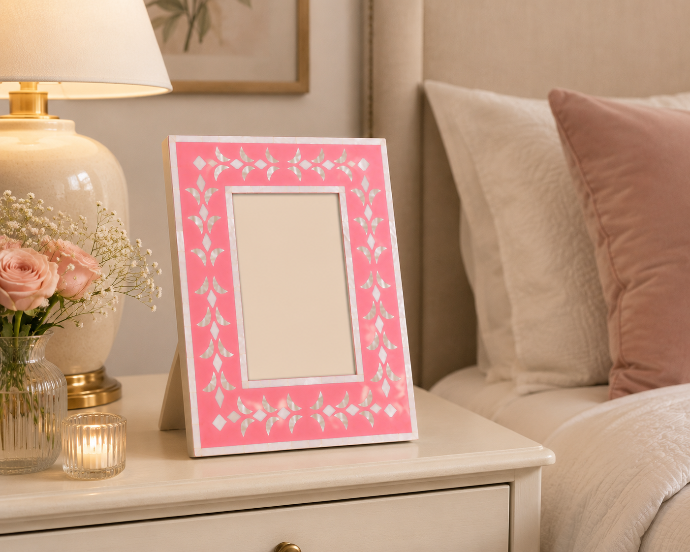 Handmade Pink Mother of Pearl Tabletop Picture Frame on Bedroom Nightstand