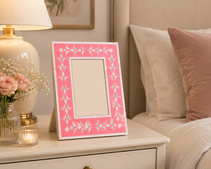 Handmade Pink Mother of Pearl Tabletop Picture Frame on Bedroom Nightstand
