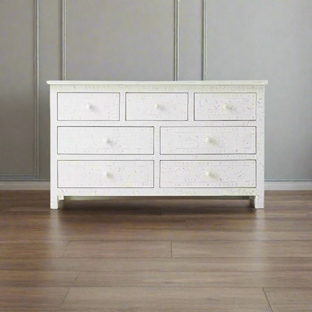 Handcrafted Bone Inlay 7-Drawer Chest – Floral Design in White