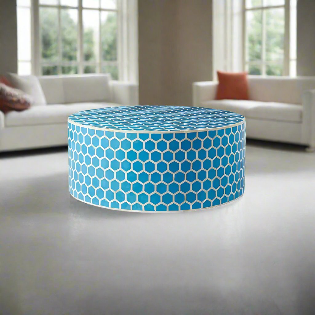 Geometric Honeycomb Pattern Bone Inlay Round Coffee Table - Blue