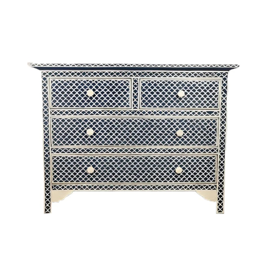 Bone Inlay Chest Of 4 Drawers , Fish Scale Pattern In Indigo