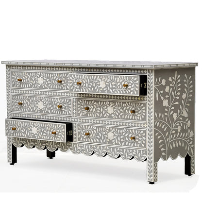 Beautiful Bone Inlay  Floral pattren Chest Of 6 Drawers In Grey