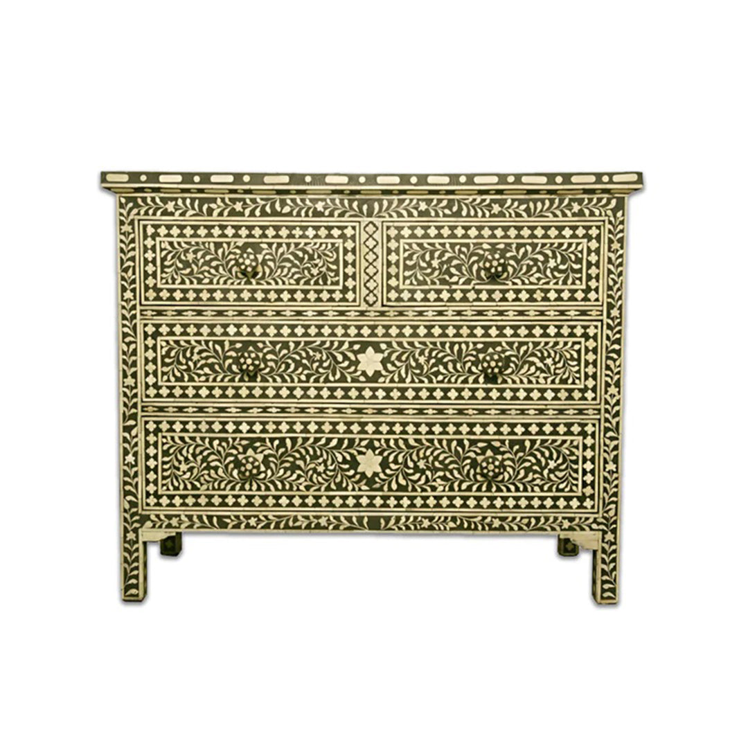 Bone Inlay Chest Of 4 Drawers , Floral Pattern In Black