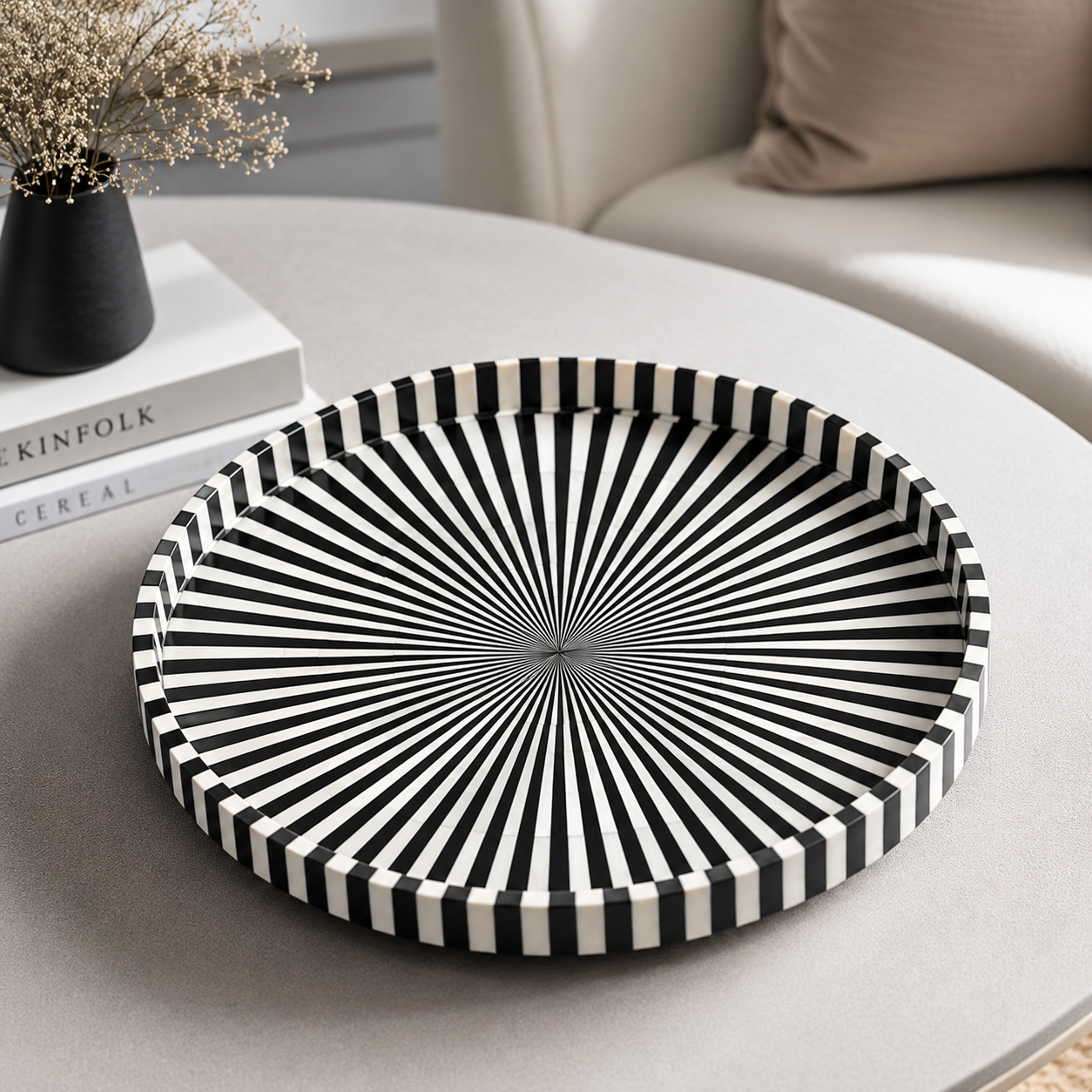 Black & White Bone Inlay Round Tray with Modern Geometric Pattern