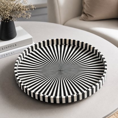 Black & White Bone Inlay Round Tray with Modern Geometric Pattern