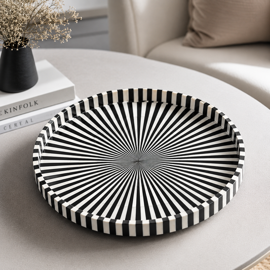Black & White Bone Inlay Round Tray with Modern Geometric Pattern
