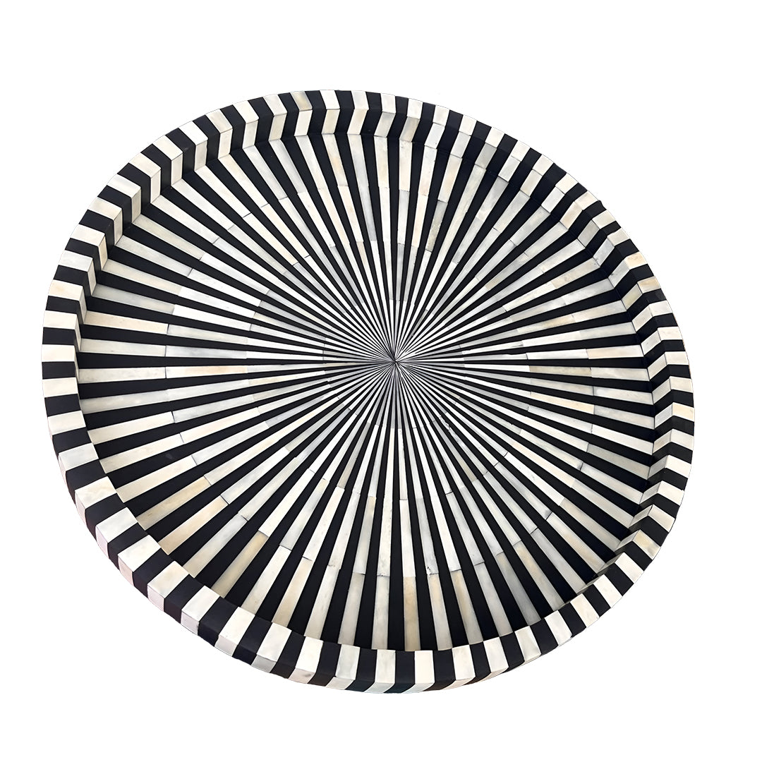 Black & White Bone Inlay Round Tray with Modern Geometric Pattern