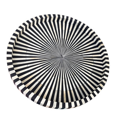 Black & White Bone Inlay Round Tray with Modern Geometric Pattern