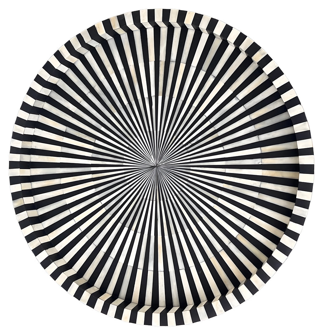 Black & White Bone Inlay Round Tray with Modern Geometric Pattern