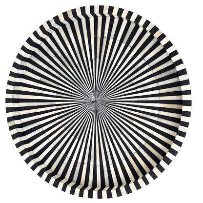Black & White Bone Inlay Round Tray with Modern Geometric Pattern