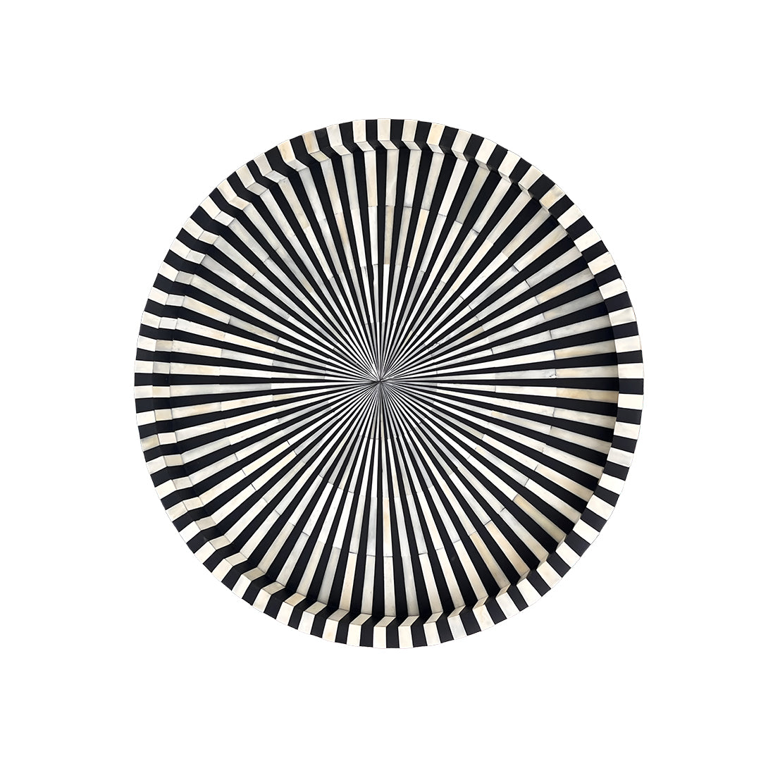 Black & White Bone Inlay Round Tray with Modern Geometric Pattern