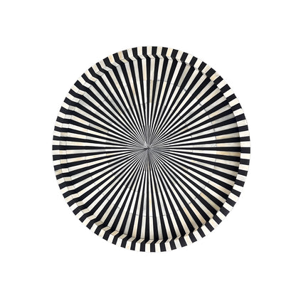 Black & White Bone Inlay Round Tray with Modern Geometric Pattern