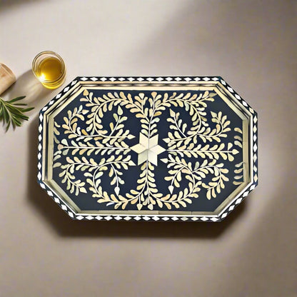 Luxury Bone Inlay Tray with Intricate Black Floral Pattern