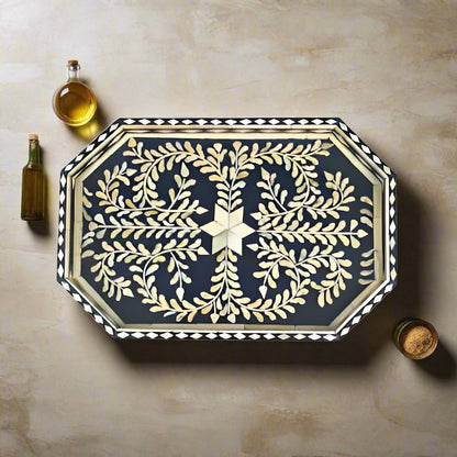 Luxury Bone Inlay Tray with Intricate Black Floral Pattern