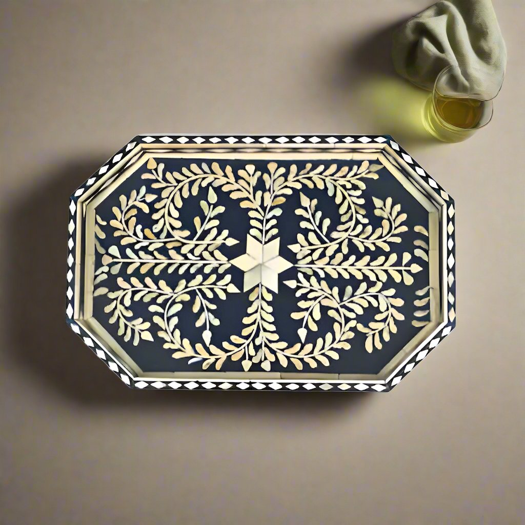 Bone Inlay Tray in floral pattern Tray Design -Black