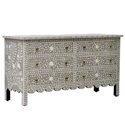 Beautiful Bone Inlay  Floral pattren Chest Of 6 Drawers In Grey