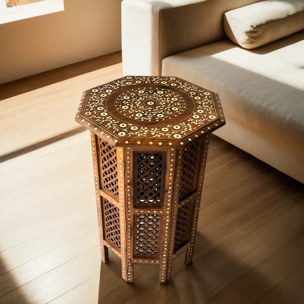 handmade Teak Wood Bone Inlay Pattern Stool – Bone Inlay Arts