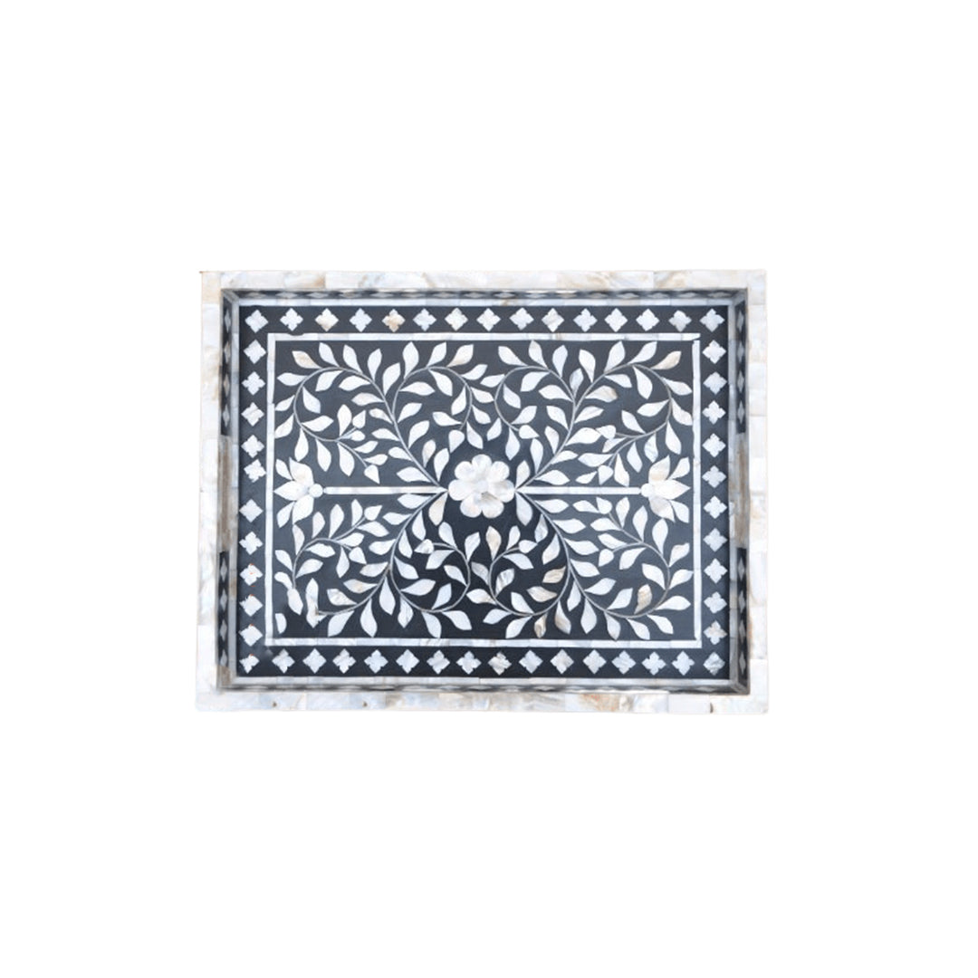 Handcrafted black mother of pearl inlay rectangular tray with floral vine pattern