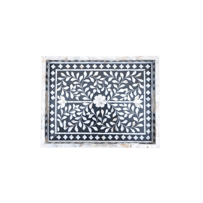 Handcrafted black mother of pearl inlay rectangular tray with floral vine pattern