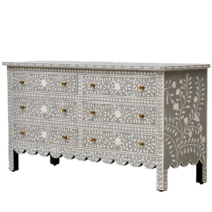 Beautiful Bone Inlay  Floral pattren Chest Of 6 Drawers In Grey