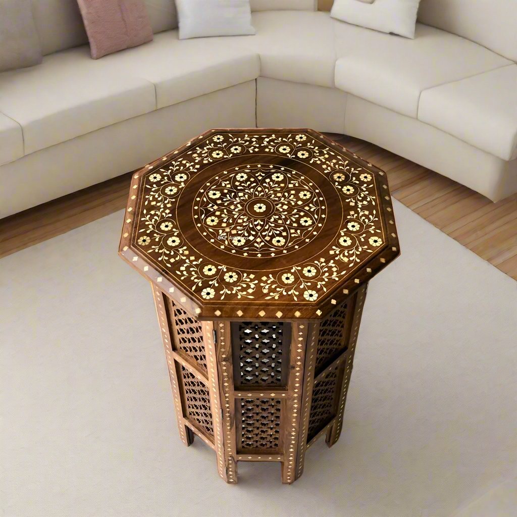 handmade Teak Wood Bone Inlay Pattern Stool