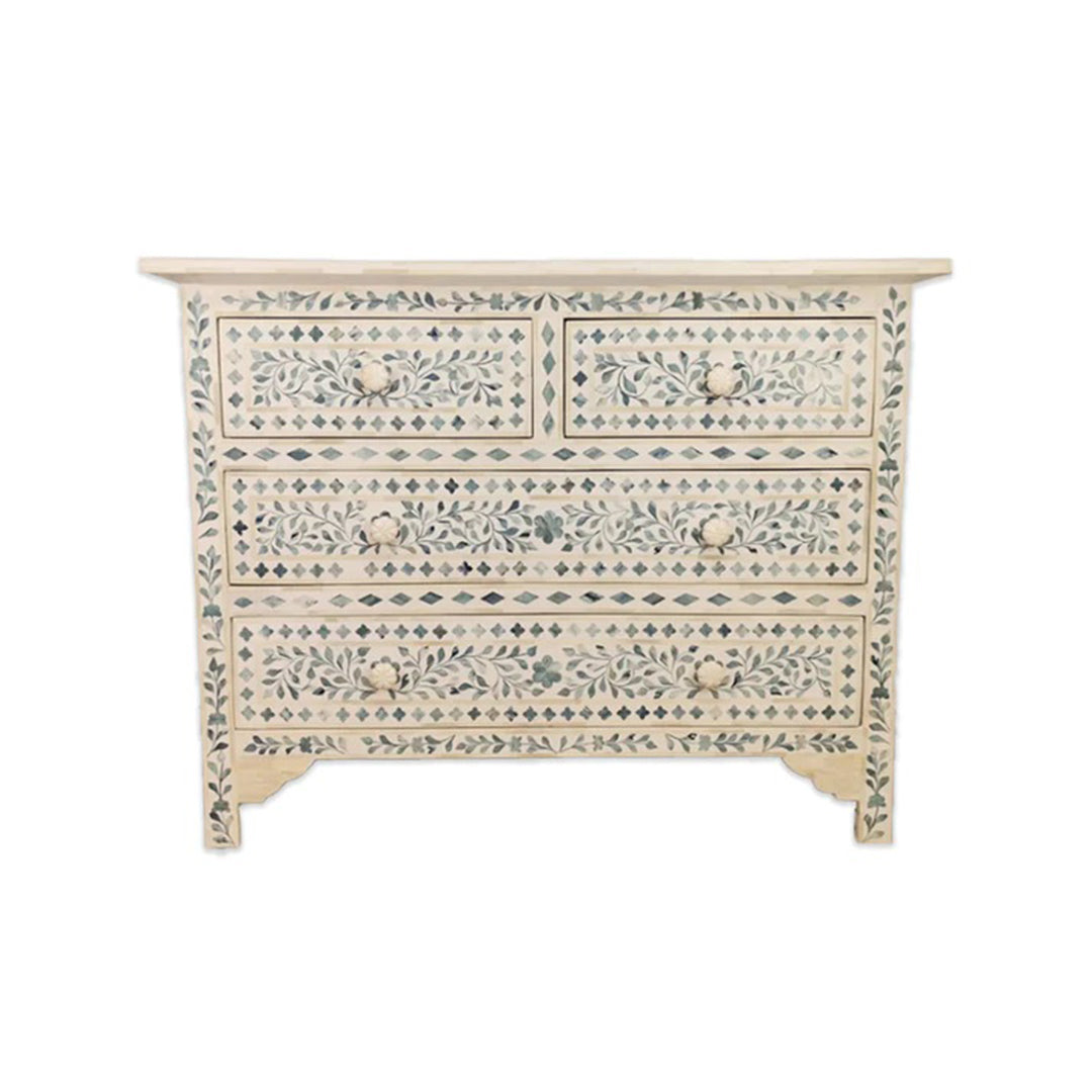 Bone Inlay Chest Of 4 Drawers , Floral Pattern In White