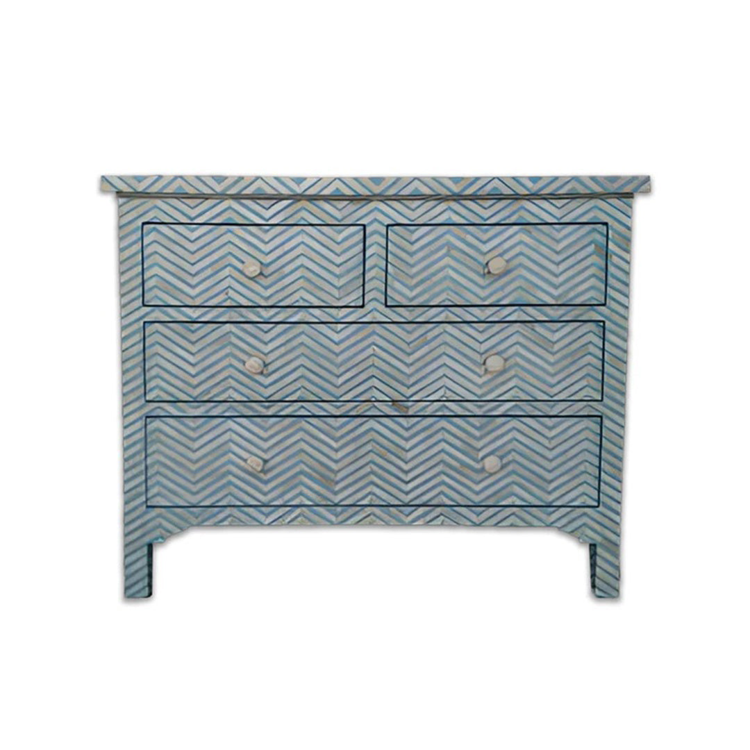 Bone Inlay Chest Of 4 Drawers , Chevron Pattern In Indigo
