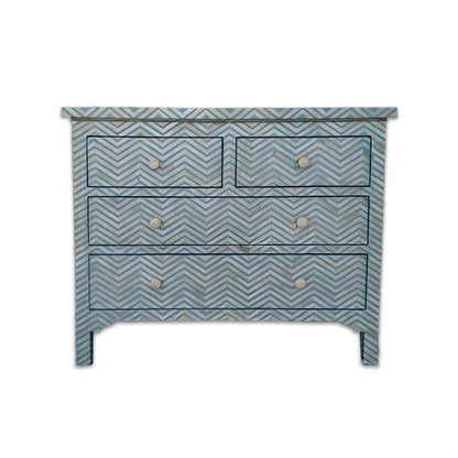 Bone Inlay Chest Of 4 Drawers , Chevron Pattern In Indigo