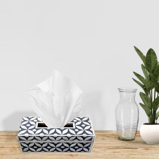 Handmade bone inlay tissue box cover with Star Eye pattern, crafted from bone inlay, resin, and MDF wood for luxury home décor.