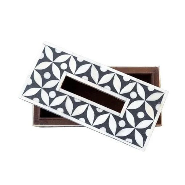 Customisable bone inlay tissue holder with geometric Star Eye design and durable MDF wood construction.