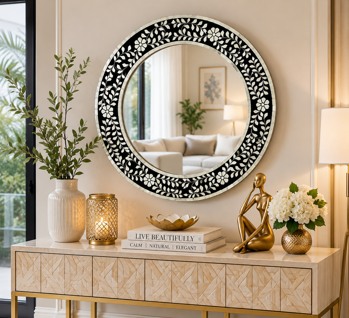 Luxury Bone Inlay Round Mirror Frame in Modern Entryway Interior