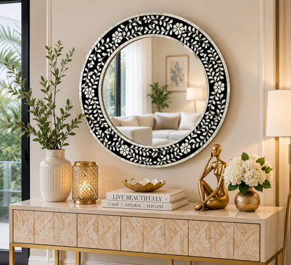 Luxury Bone Inlay Round Mirror Frame in Modern Entryway Interior