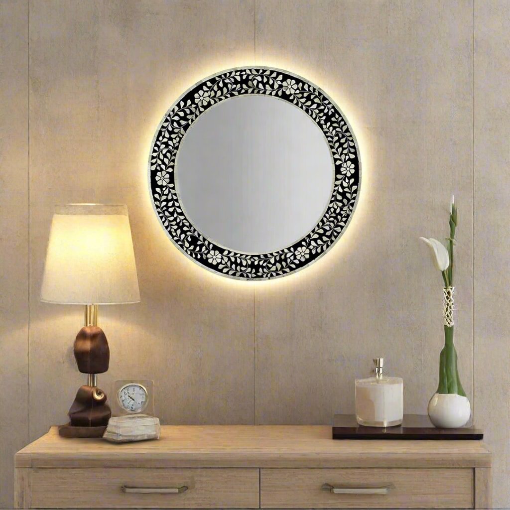 Handmade Floral Bone Inlay Round Wall Mirror Above Console Table