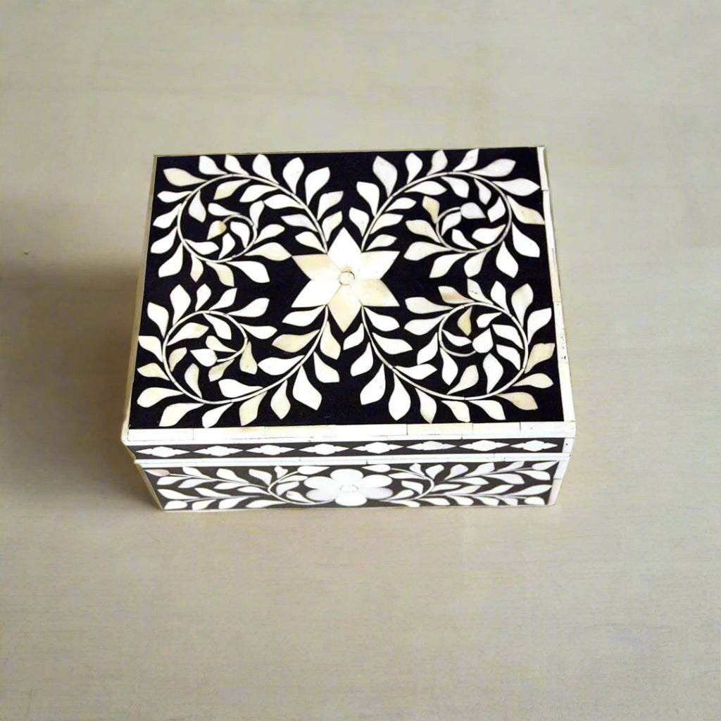 Luxury black bone inlay keepsake box with leaf design