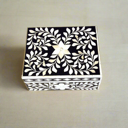 Luxury black bone inlay keepsake box with leaf design