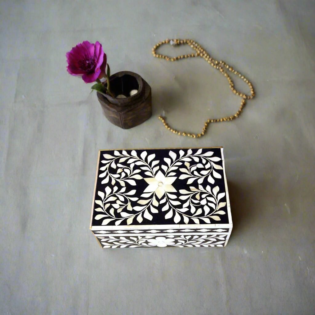 Square bone inlay jewelry box in black resin finish