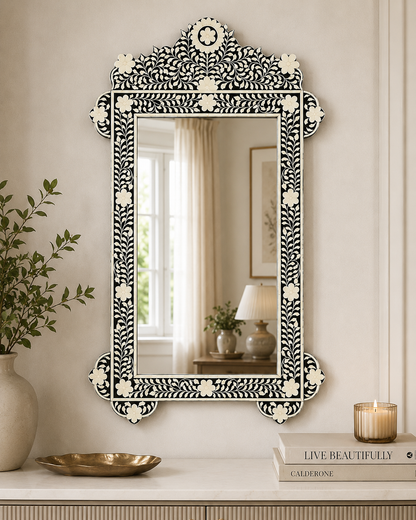Handmade Customized Bone Inlay Rectangular Mirror Frame with Floral Design
