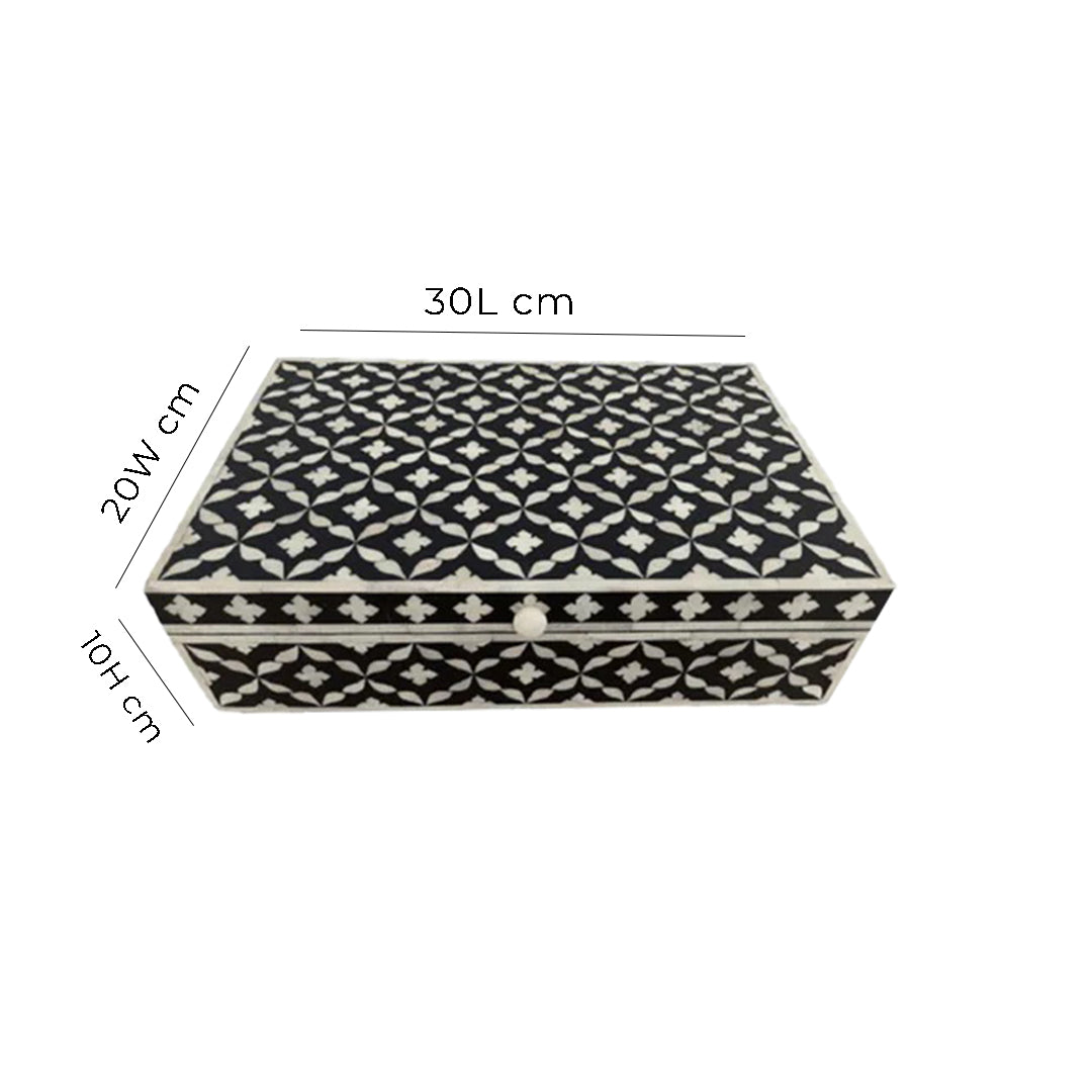 Decorative Moroccan bone inlay keepsake box displayed with modern home décor accents