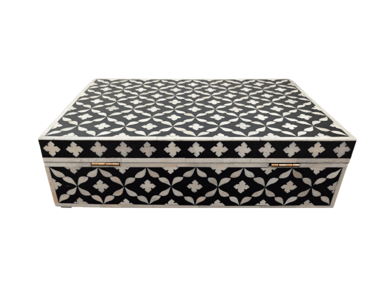 Decorative Moroccan bone inlay keepsake box displayed with modern home décor accents