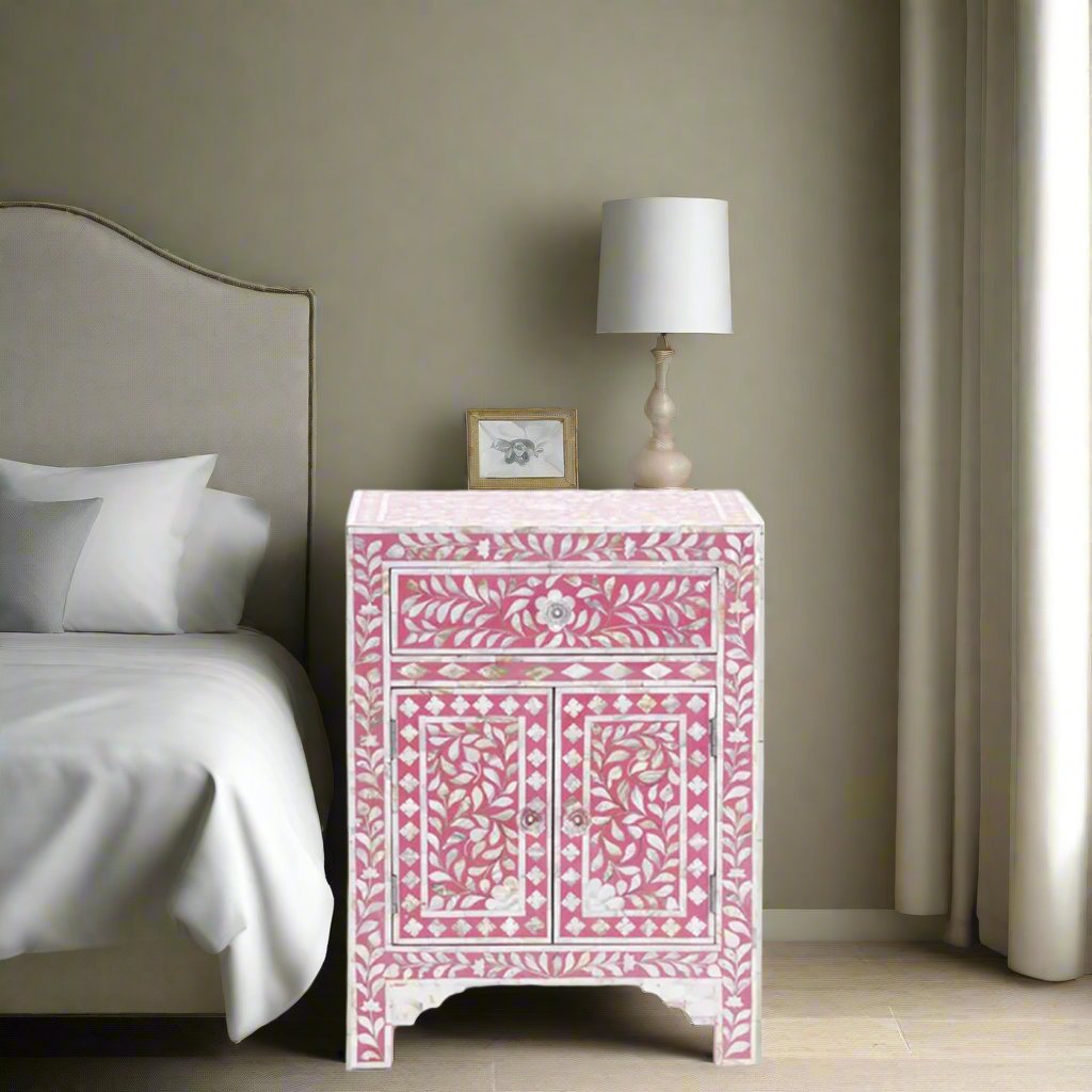 Bone Inlay Pattern HANDMADE FLORAL PATTERN PINK BONE INLAY FLORAL PATTERN BEDSIDE TABLE ...