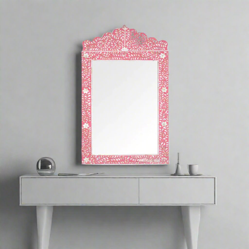 Handmade Bone Inlay Scalloped Pink Floral Pattern Mirror Frame for Home Decor with Complimentary Mirror