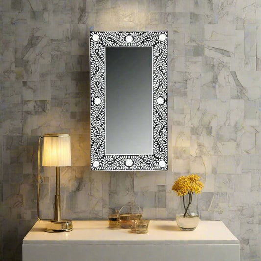 Handmade Bone Inlay Rectangular Mirror Frame Floral Pettren Black color with Complimentary Mirror