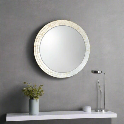 Handmade Scallop Bone Inlay Round Mirror Frame with Complimentary Mirror