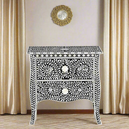 Floral Pattern Bone Inlay Bedside - Black