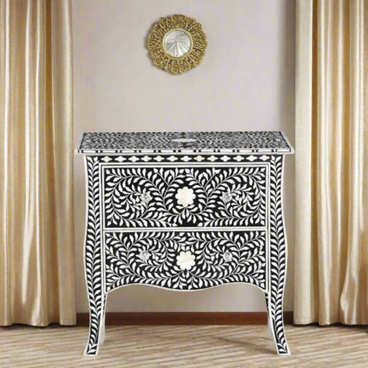 Floral Pattern Bone Inlay Bedside - Black