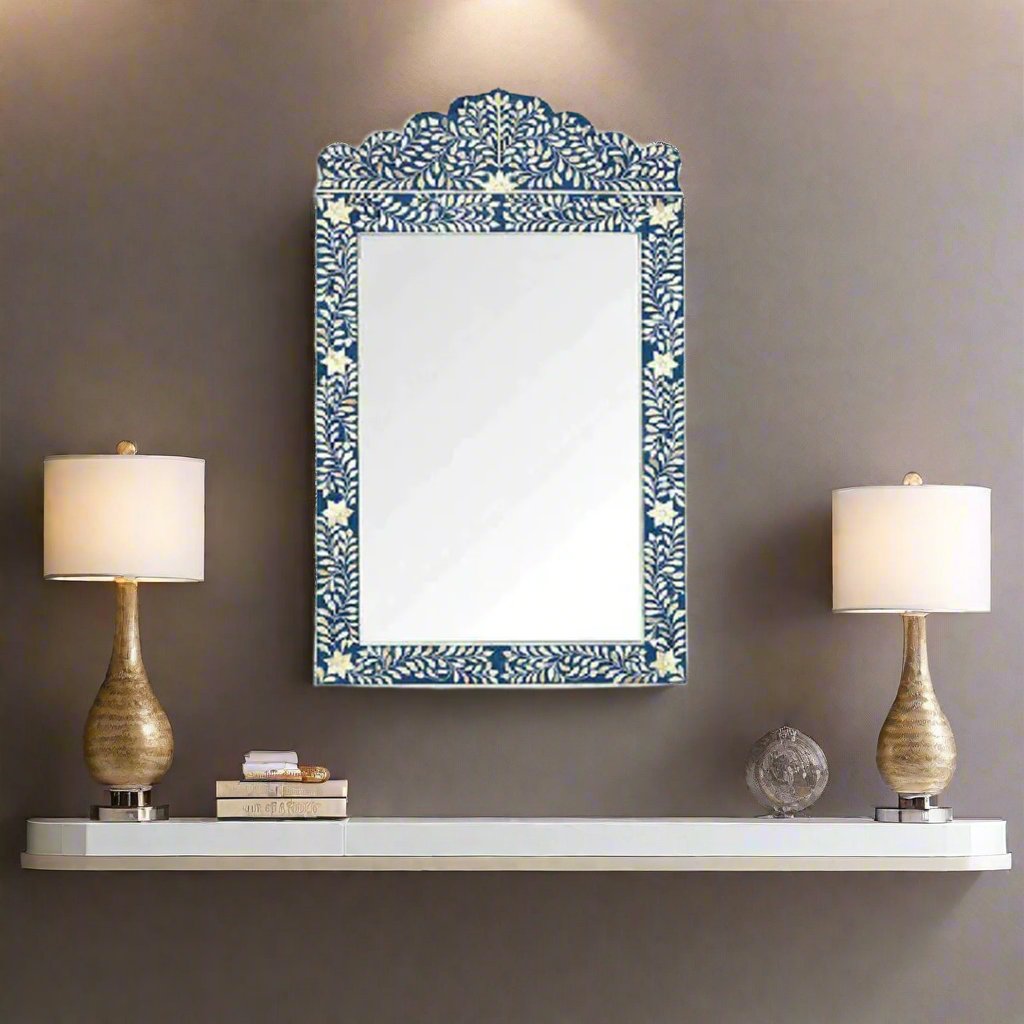 Bone Inlay Blue Floral Mirror Frames with Complimentary Mirror with Complimentary Mirror